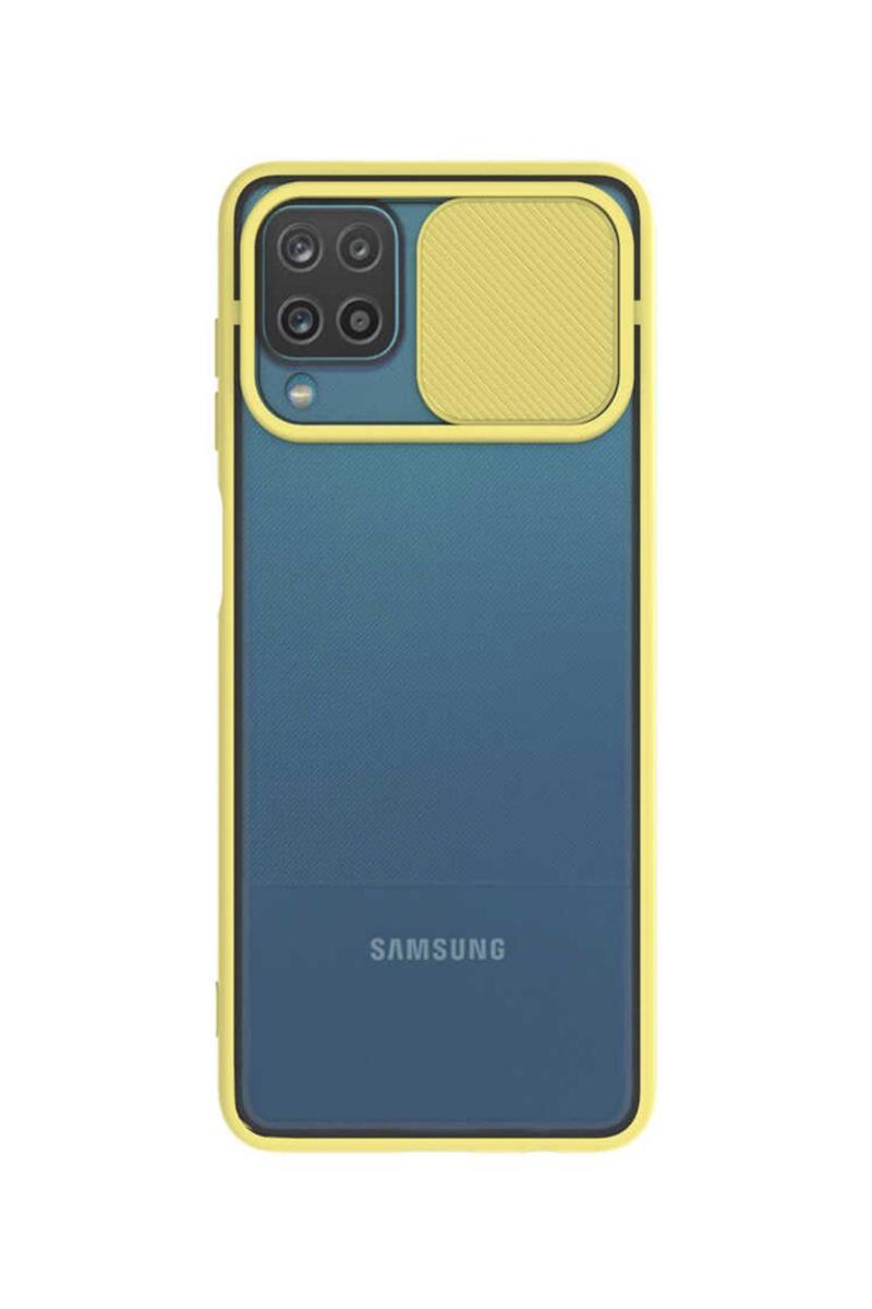 KZY İletişim Samsung Galaxy M22 Kapak Lensi Açılır Kapanır Kamera Korumalı Silikon Kılıf - Sarı