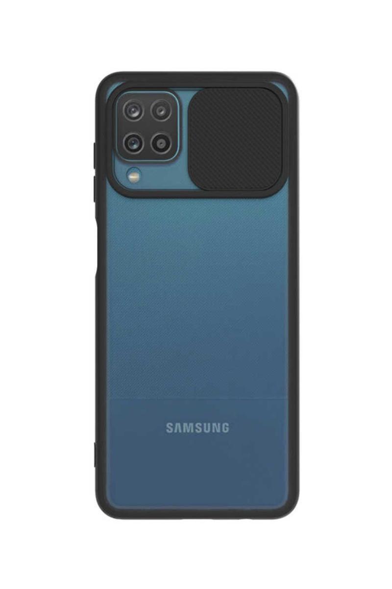 KZY İletişim Samsung Galaxy M22 Kapak Lensi Açılır Kapanır Kamera Korumalı Silikon Kılıf - Siyah