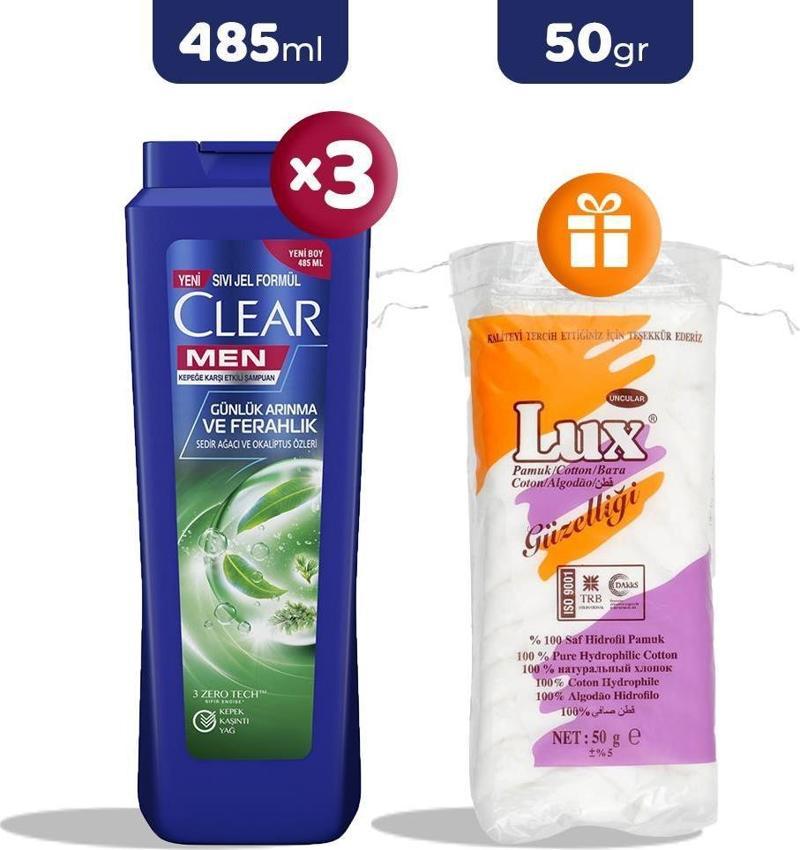 Men Şampuan Günlük Arınma ve Ferahlık 485 ml x 3, Pamuk 50 gr Hediye