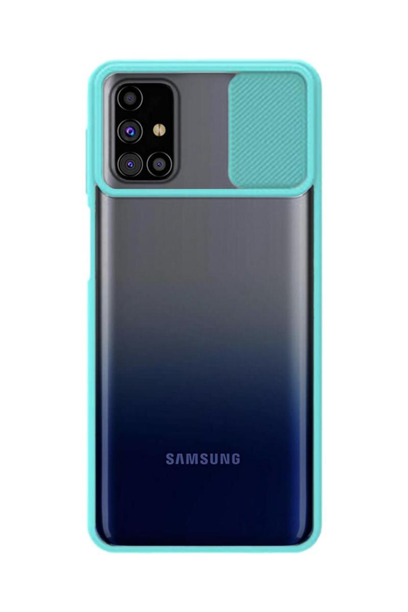 KZY İletişim Samsung Galaxy M31S Kapak Lensi Açılır Kapanır Kamera Korumalı Silikon Kılıf - Turkuaz