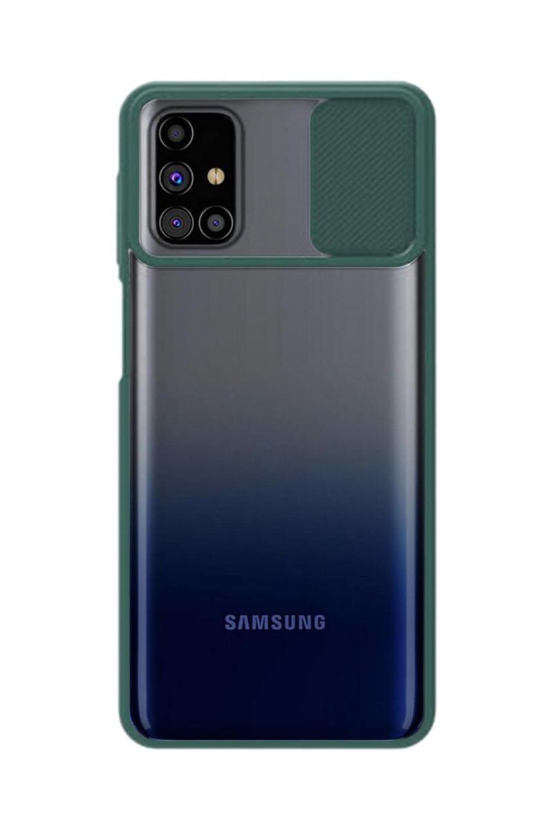 KZY İletişim Samsung Galaxy M31S Kapak Lensi Açılır Kapanır Kamera Korumalı Silikon Kılıf - Yeşil