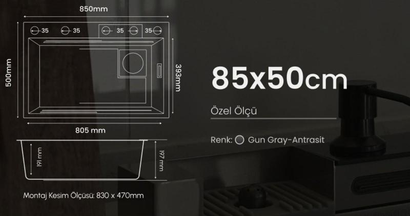 GLC SS304EKO Maxi Antrasit Bardak Yıkamalı Şelale Eviye 85x50