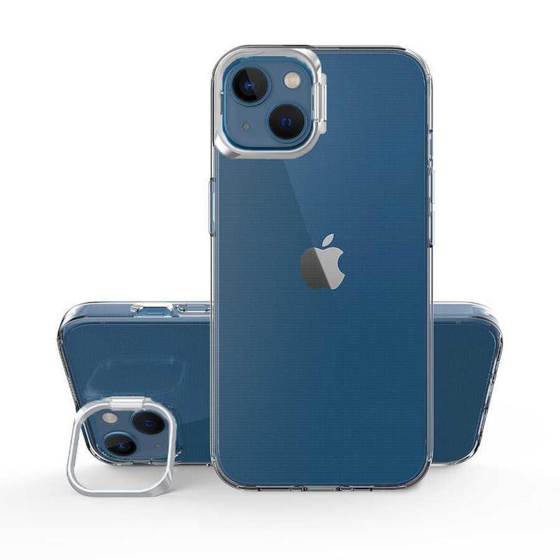 Kılıfmania Apple iPhone 13 Kapak Lens Standlı Sararmaz Şeffaf Silikon Kılıf - Gümüş