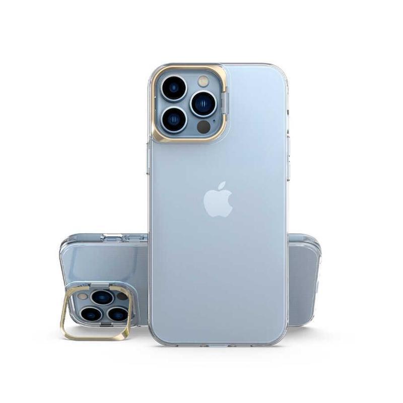 Kılıfmania Apple iPhone 13 Pro Kapak Lens Standlı Sararmaz Şeffaf Silikon Kılıf - Gold