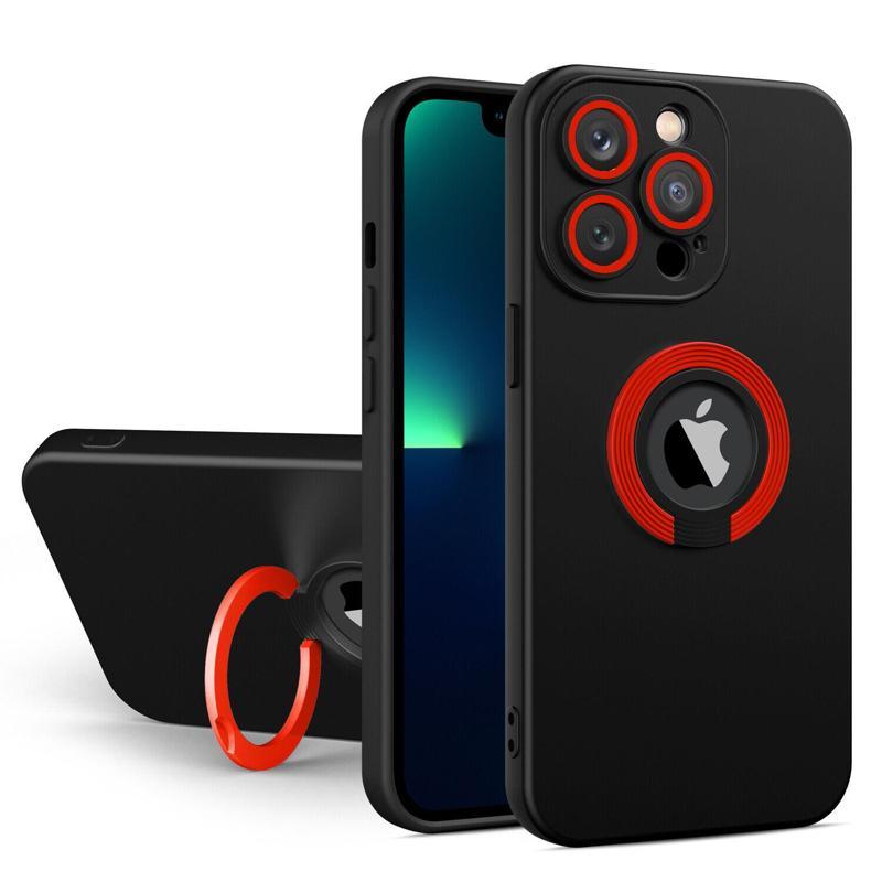 Kılıfmania Apple iPhone 14 Pro Kapak Kamera Korumalı Standlı Logo Açık Yüzüklü Silikon Kılıf - Siyah - Kırmızı