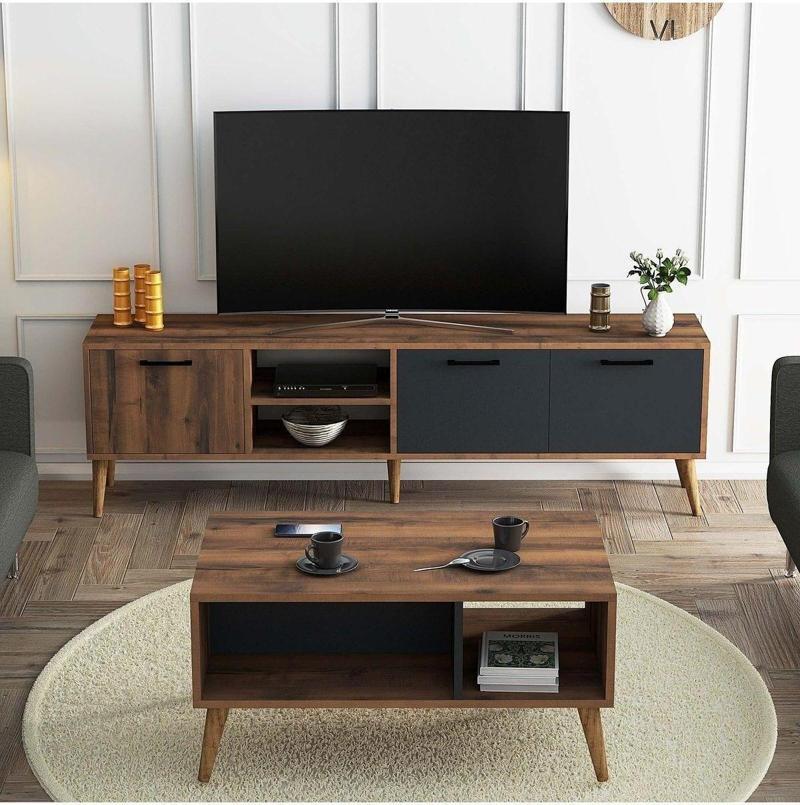 Set 1581-2070 Exxen 180 Cm Tv Ünitesi Exxen Orta Sehpa (Ahşap Ayaklı) - Hat-Antrasit Rengi