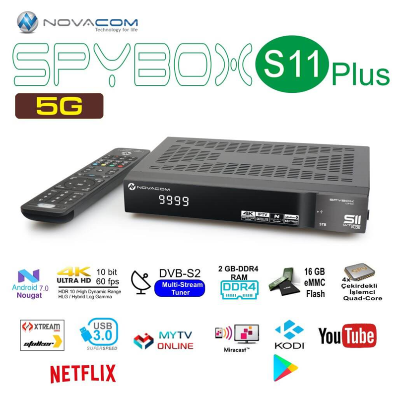 Novacom Spybox S11 Plus 5G CI Turbo 4K Uhd Android Uydu Alıcısı