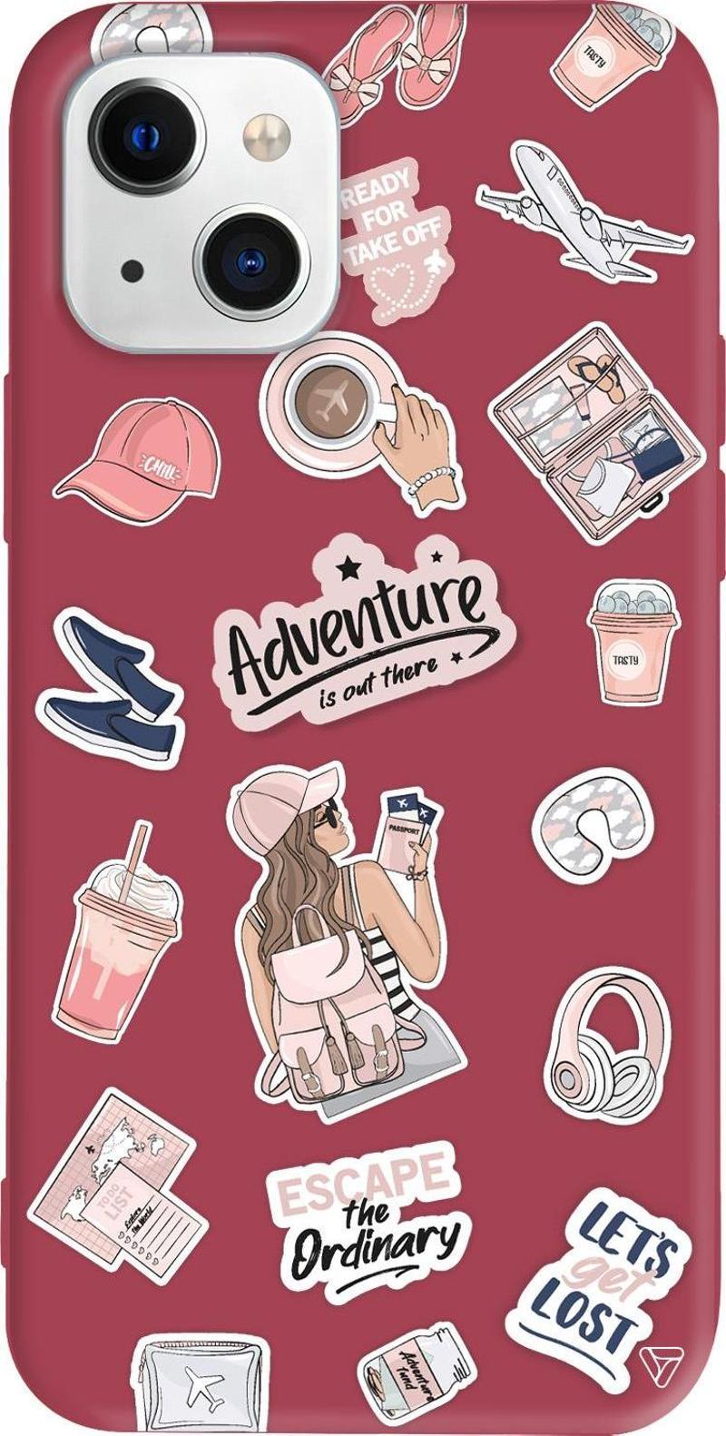 iPhone 15 Uyumlu Bordo Renkli Silikon Adventure Sticker Koleksiyonu Telefon Kılıfı