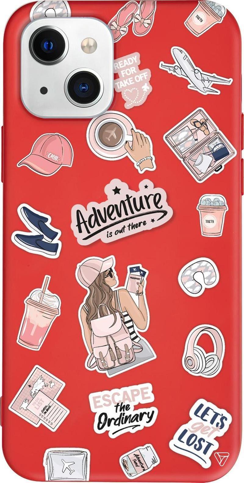 iPhone 15 Uyumlu Kırmızı Renkli Silikon Adventure Sticker Koleksiyonu Telefon Kılıfı