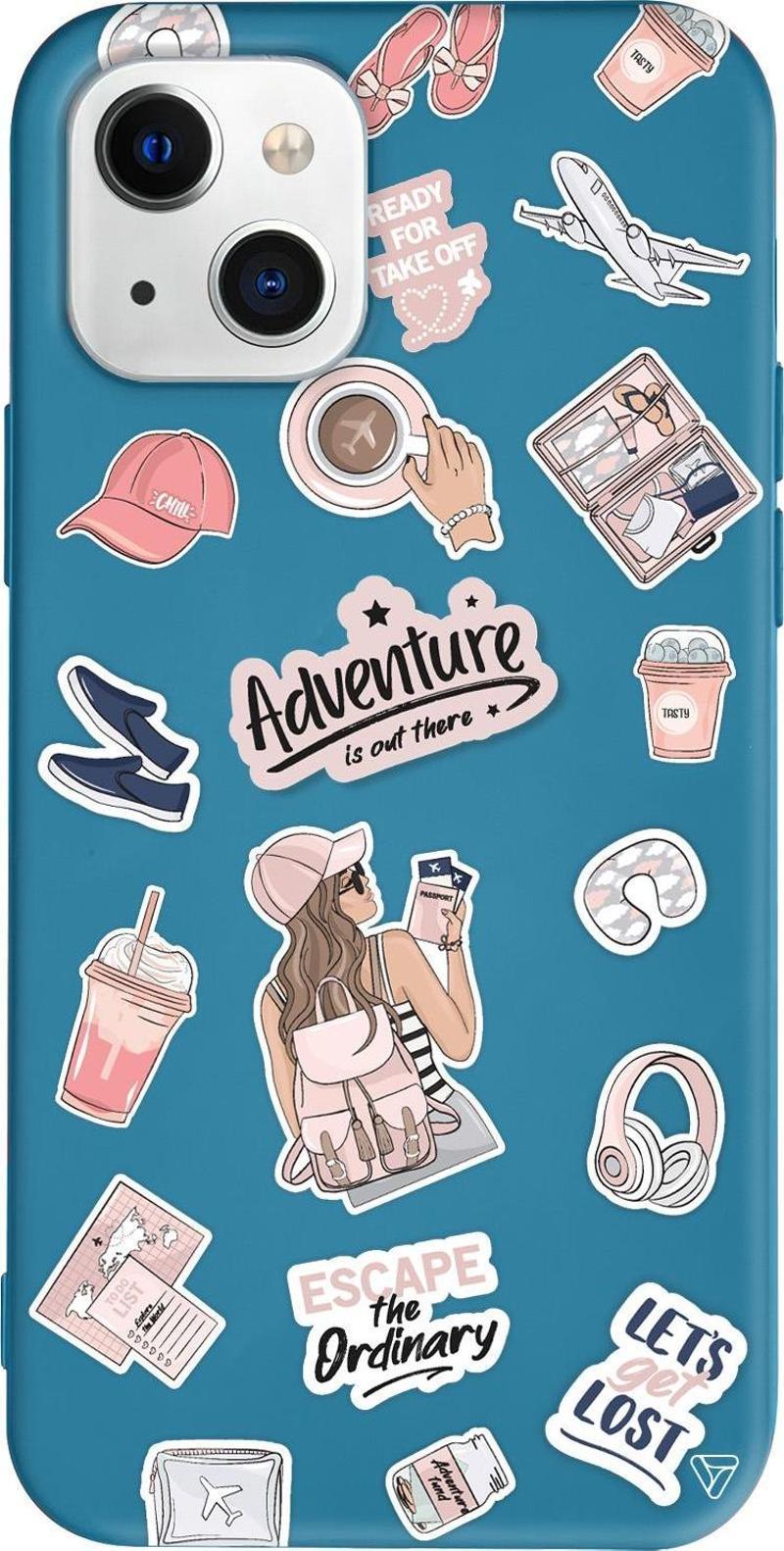 iPhone 15 Uyumlu Lacivert Renkli Silikon Adventure Sticker Koleksiyonu Telefon Kılıfı