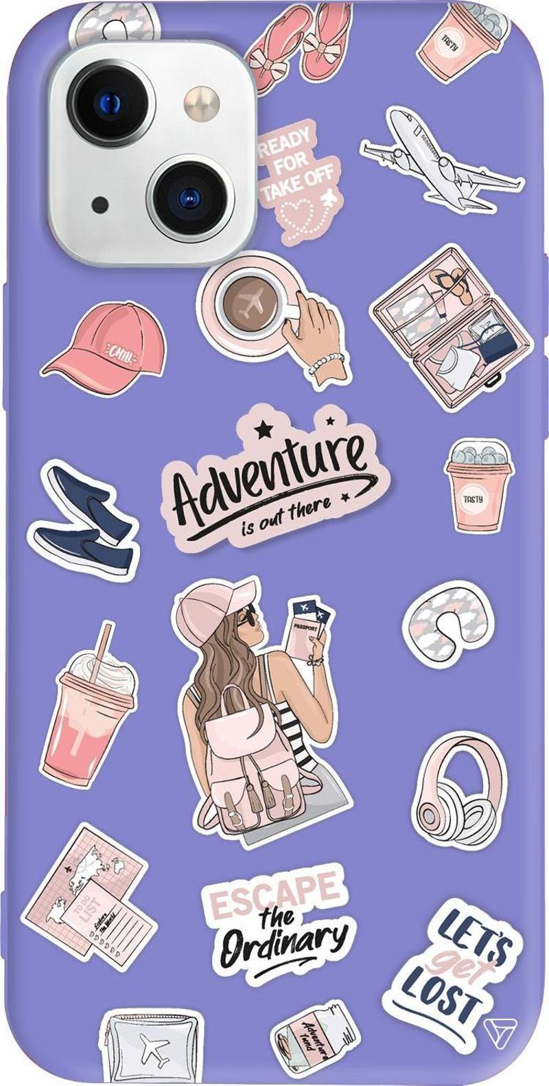 iPhone 15 Uyumlu Lila Renkli Silikon Adventure Sticker Koleksiyonu Telefon Kılıfı