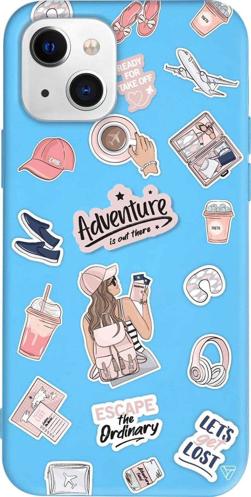 iPhone 15 Uyumlu Mavi Renkli Silikon Adventure Sticker Koleksiyonu Telefon Kılıfı