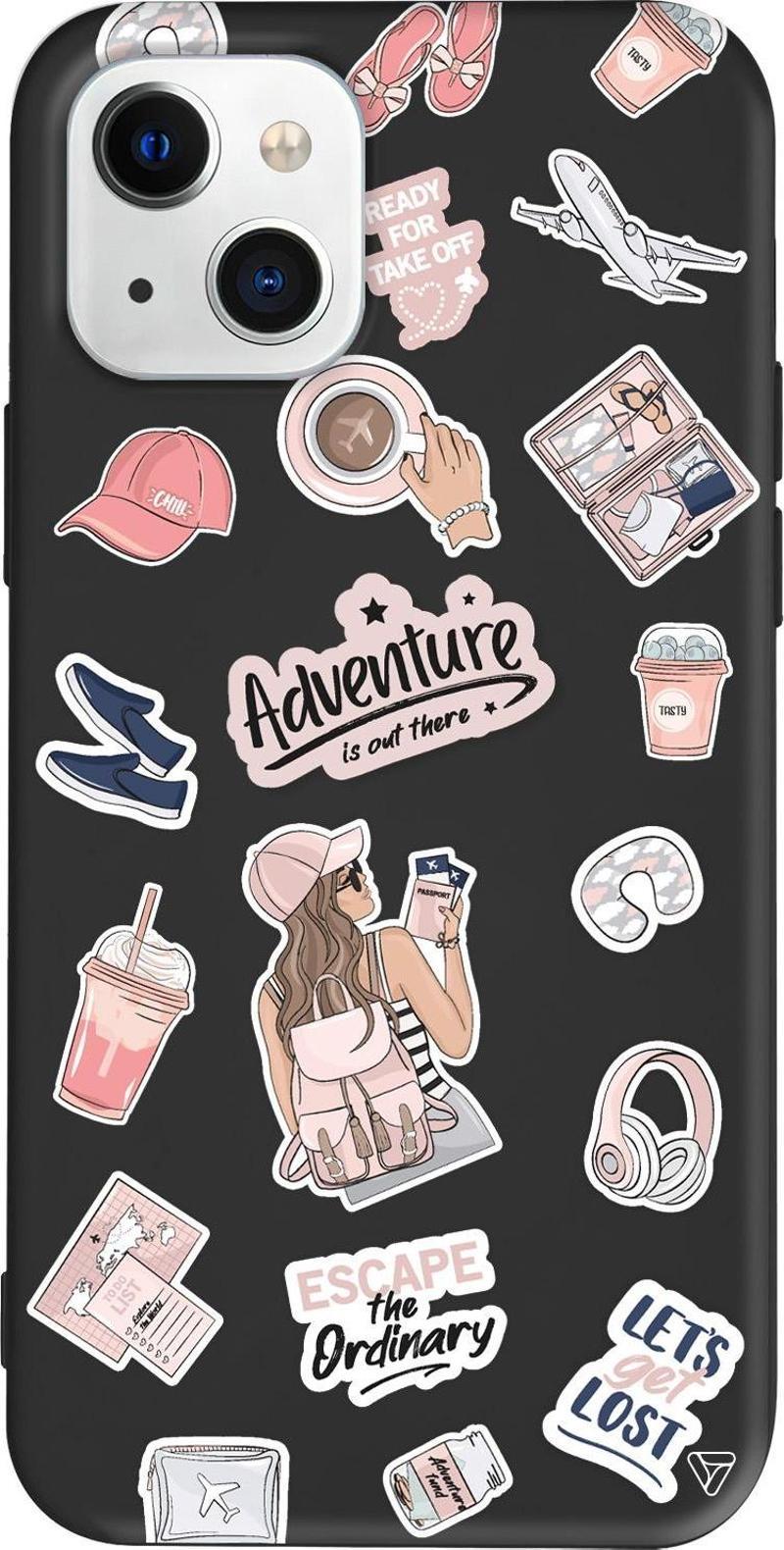 iPhone 15 Uyumlu Siyah Renkli Silikon Adventure Sticker Koleksiyonu Telefon Kılıfı