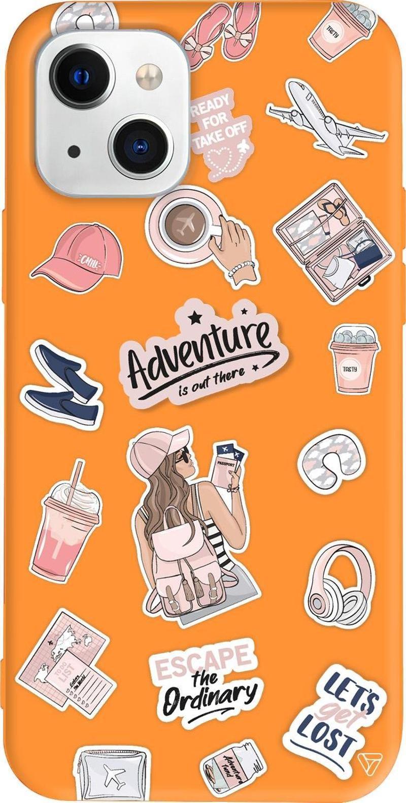 iPhone 15 Uyumlu Turuncu Renkli Silikon Adventure Sticker Koleksiyonu Telefon Kılıfı