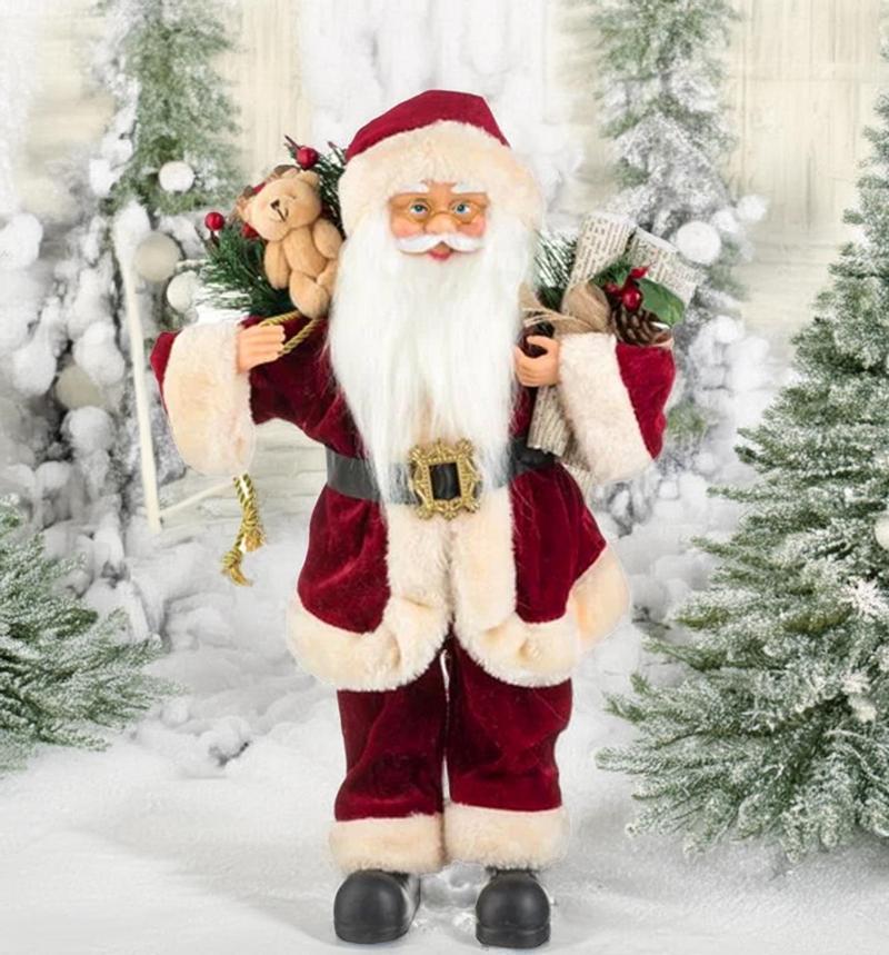 Yılbaşı Süsü Noel Baba Biblo Figür Büyük Boy 45cm - Peluş Ayılı Hediye Çuvalı ve Aksesuarları ile