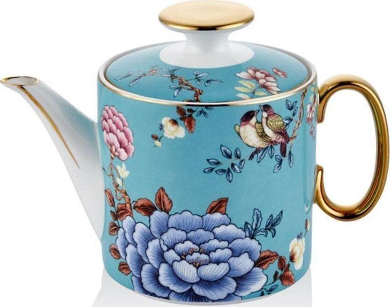 Floral Blue Porselen Demlik Teapot Çaydanlık