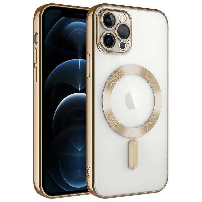 Kılıfmania Apple iPhone 13 Pro Mag Safe Özellikli Lens Korumalı Logo Gösteren Şeffaf Silikon Kılıf - Gold