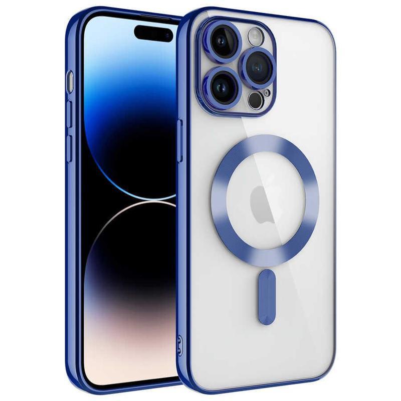 KZY İletişim Apple iPhone 14 Pro Max Mag Safe Özellikli Lens Korumalı Logo Gösteren Şeffaf Silikon Kılıf - Mavi