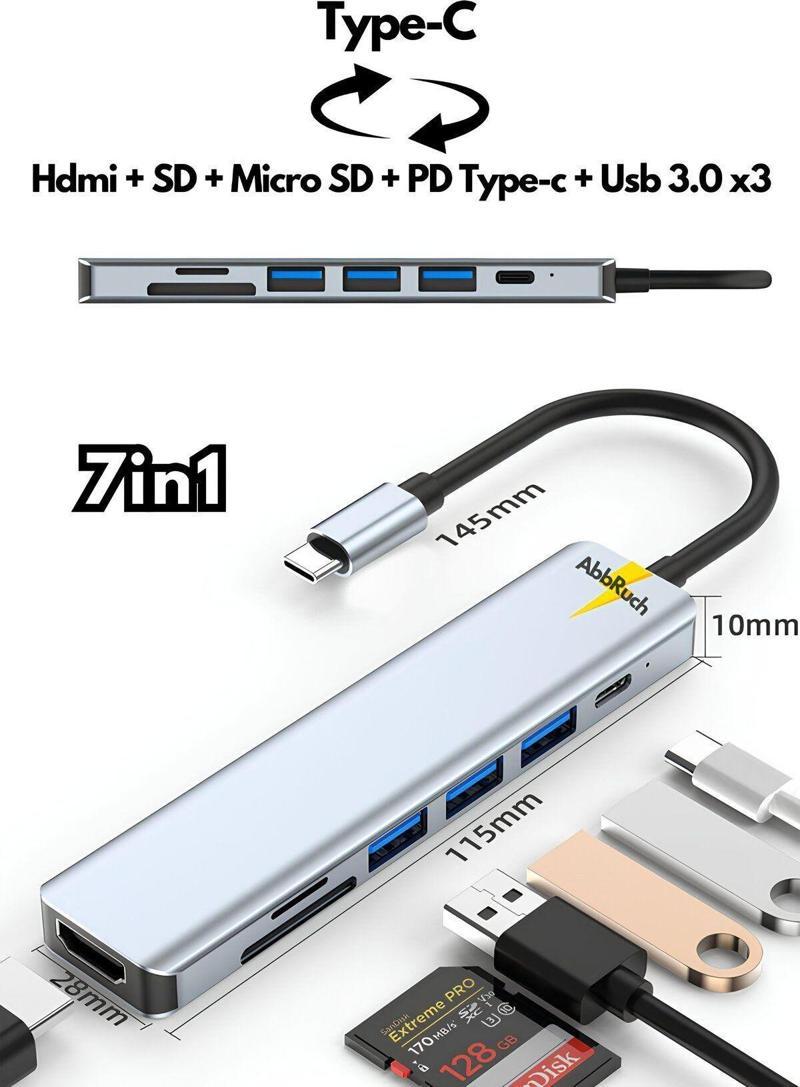 Macbook Pro Air Uyumlu 7İn1 Type-C 7 Port Çevirici Hub Hdmi Sd Kart Usb 3.0 Pd Type-C Dönüştürücü