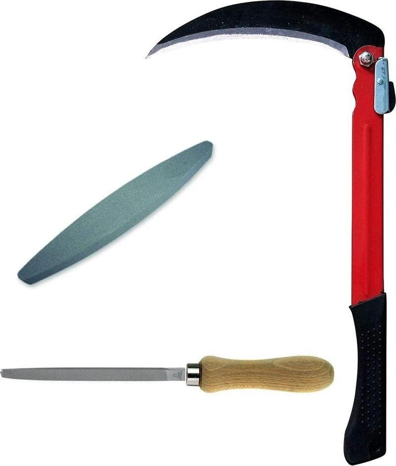 Katlanır Tırpan Ağaç Dal Ot Çalı Kesme Budama Orak Ve Tırpan Taşı Eğe Bileme Seti 3 Parça Bahçe Seti