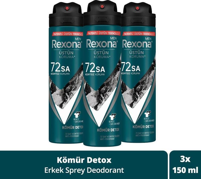 Men Erkek Sprey Deodorant Kömür Detox 72 Saat Kesintisiz Üstün Koruma 150 Ml X3