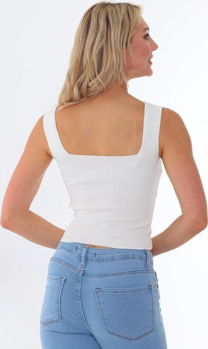 Kadın Beyaz Kolsuz Bluz Kalın Askılı Atlet İnce Yazlık Kare Yaka Triko Crop Top Kemik Standart