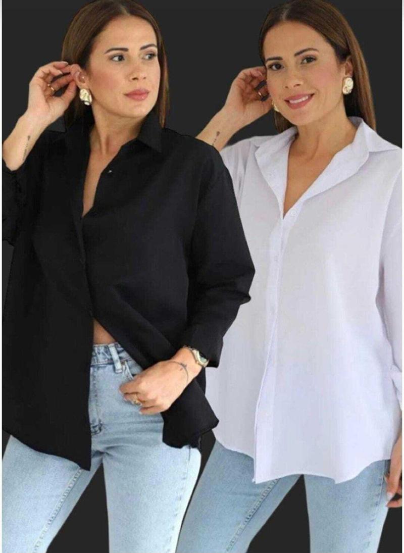 Kadın Giyim Basic Siyah Beyaz Oversize Uzun Kollu 2Li Gömlek Siyah - Beyaz M