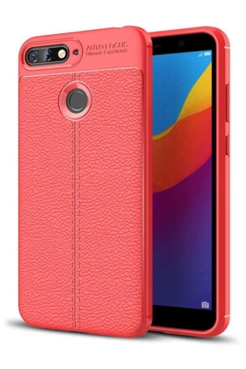 KZY İletişim Huawei Y7 2018 Kılıf Darbe Korumalı Deri Görünümlü Silikon Arka Kapak - Kırmızı
