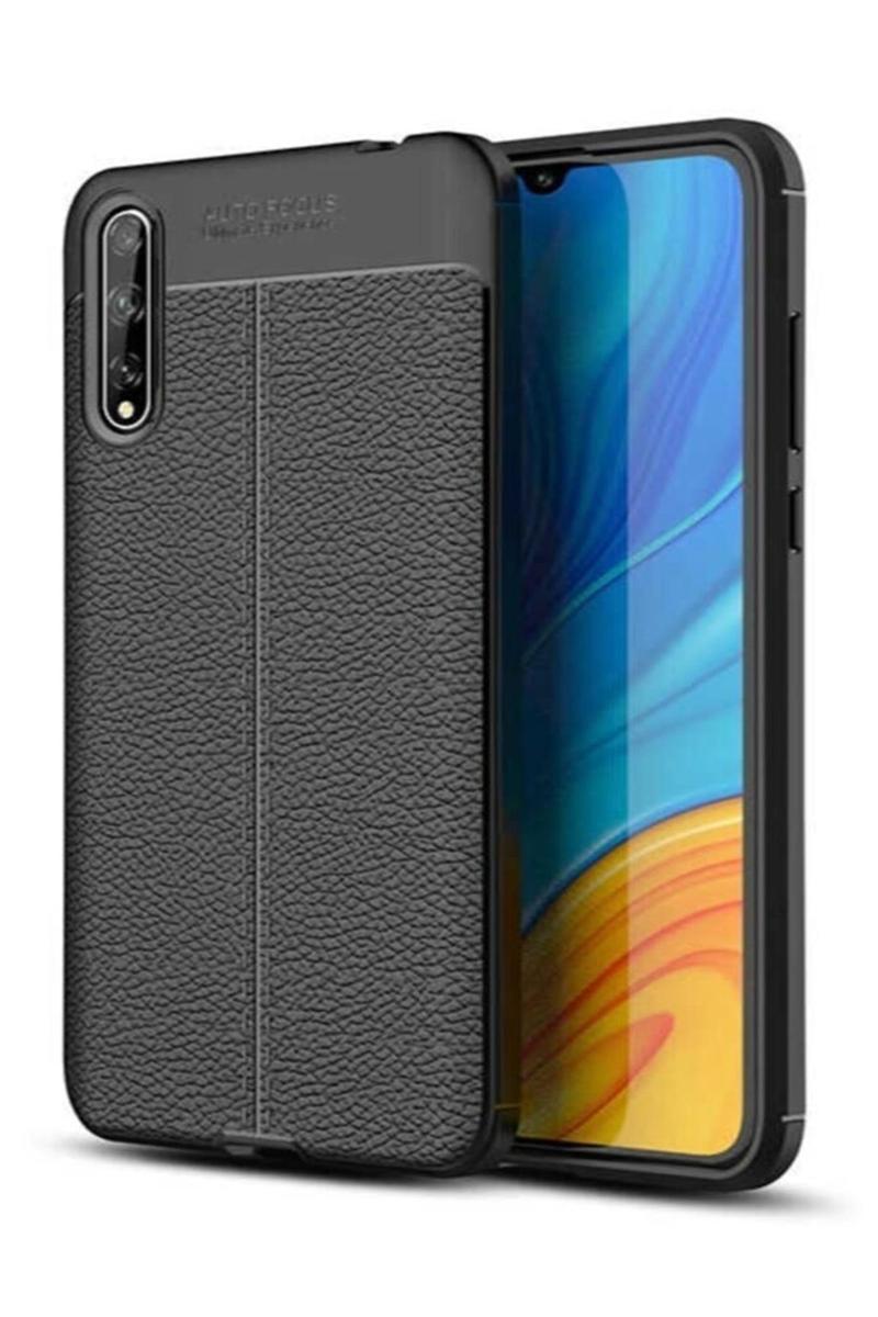 KZY İletişim Huawei Y8P Kılıf Darbe Korumalı Deri Görünümlü Silikon Arka Kapak - Siyah