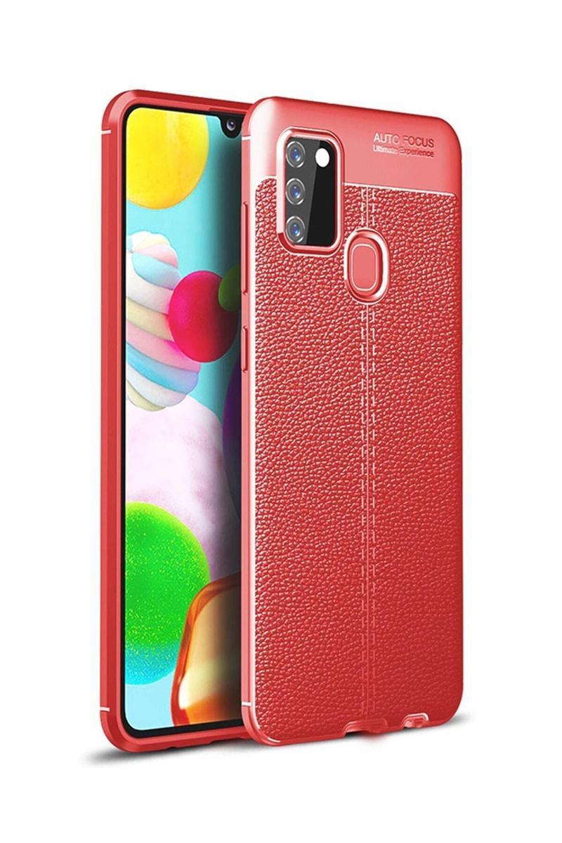 KZY İletişim Samsung Galaxy A21s Kılıf Darbe Korumalı Deri Görünümlü Silikon Arka Kapak - Kırmızı