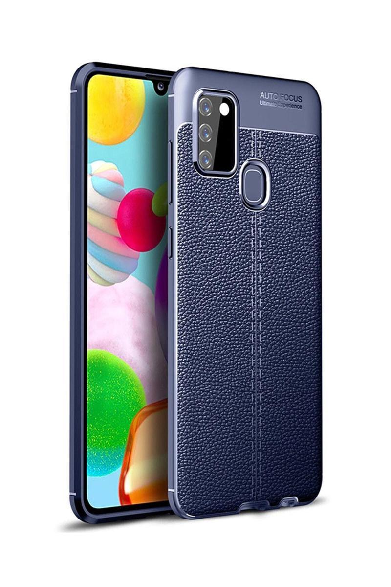 KZY İletişim Samsung Galaxy A21s Kılıf Darbe Korumalı Deri Görünümlü Silikon Arka Kapak - Lacivert