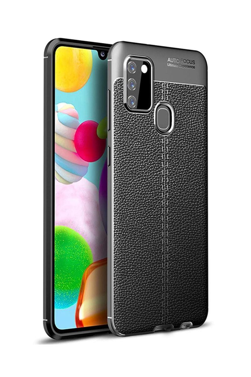 KZY İletişim Samsung Galaxy A21s Kılıf Darbe Korumalı Deri Görünümlü Silikon Arka Kapak - Siyah