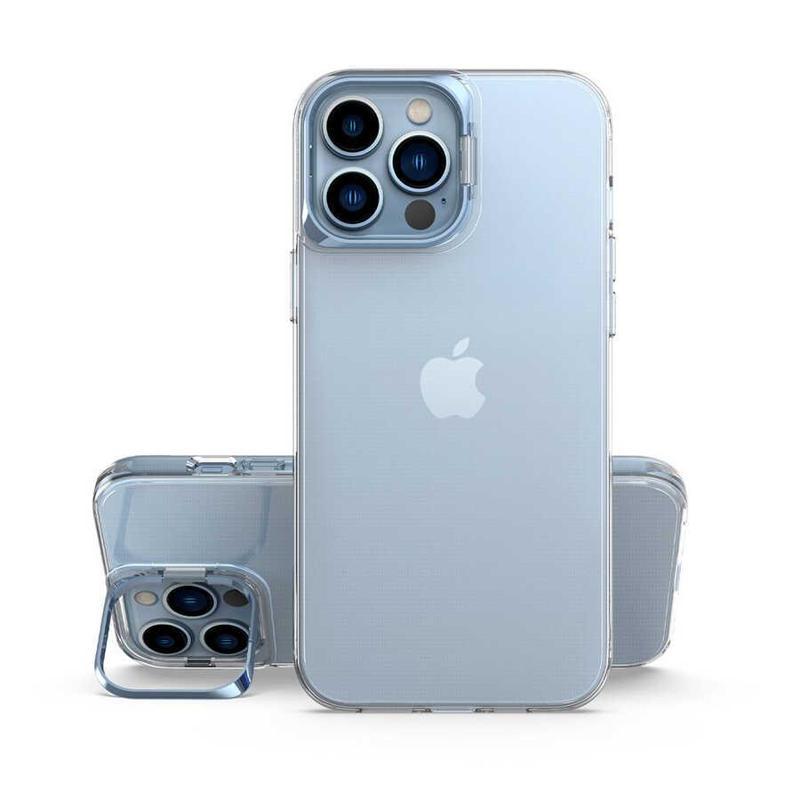 Kılıfmania Apple iPhone 13 Pro Kapak Lens Standlı Sararmaz Şeffaf Silikon Kılıf - Mavi