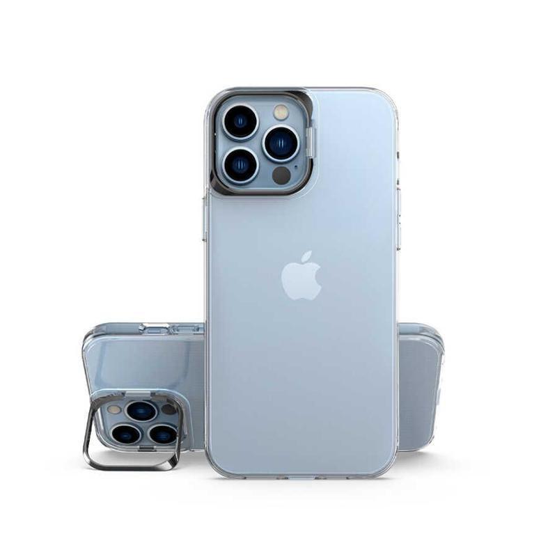 KZY İletişim Apple iPhone 13 Pro Kapak Lens Standlı Sararmaz Şeffaf Silikon Kılıf - Siyah