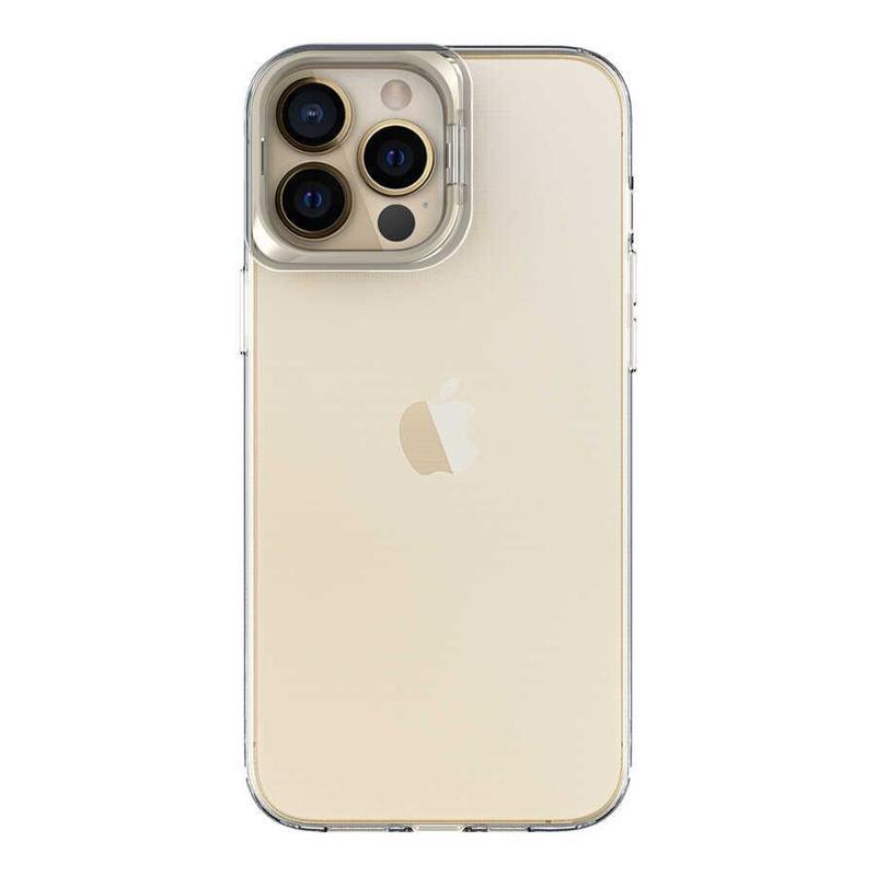 Kılıfmania Apple iPhone 13 Pro Max Kapak Lens Standlı Sararmaz Şeffaf Silikon Kılıf - Gold