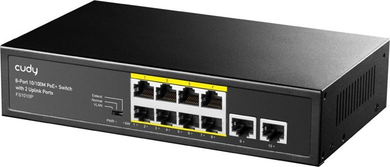 FS1010P 8 Port 10/100Mbps 120W PoE+, 2 Uplink Portlu VLAN CCTV Rack Mount Metal Switch