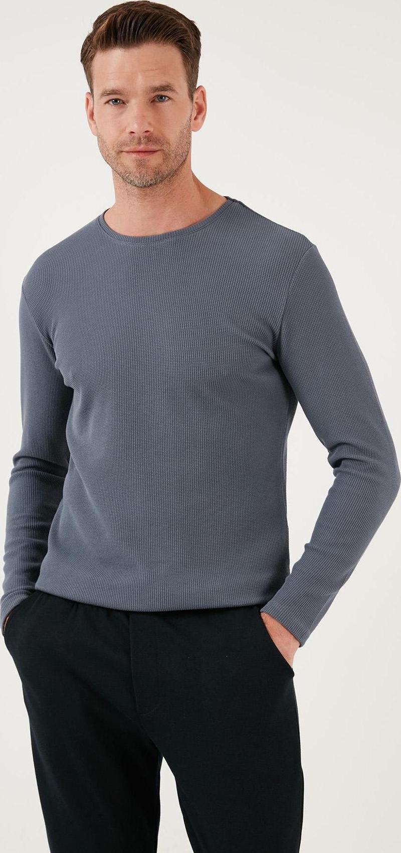 Pamuklu Bisiklet Yaka Slim Fit Basic Erkek Sweat 5905073 KOYU GRİ