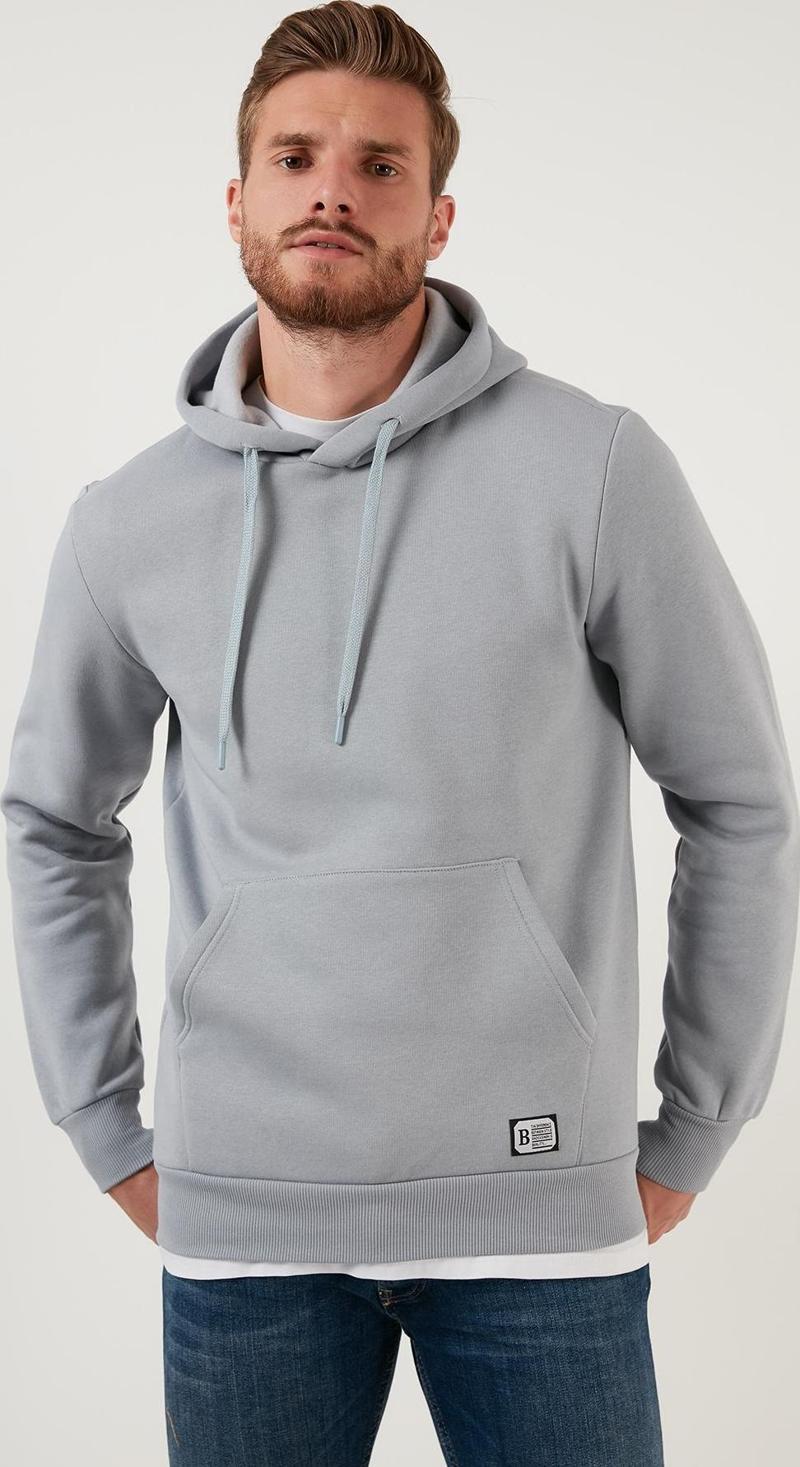 Slim Fit Kapüşonlu Kanguru Cepli İçi Tüylü Yumuşak Şardonlu Erkek Sweat 5905281 AÇIK GRİ