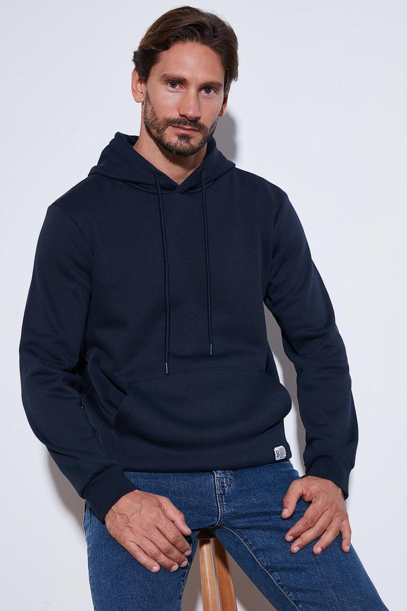 Slim Fit Kapüşonlu Kanguru Cepli İçi Tüylü Yumuşak Şardonlu Erkek Sweat 5905281 KOYU LACİVERT