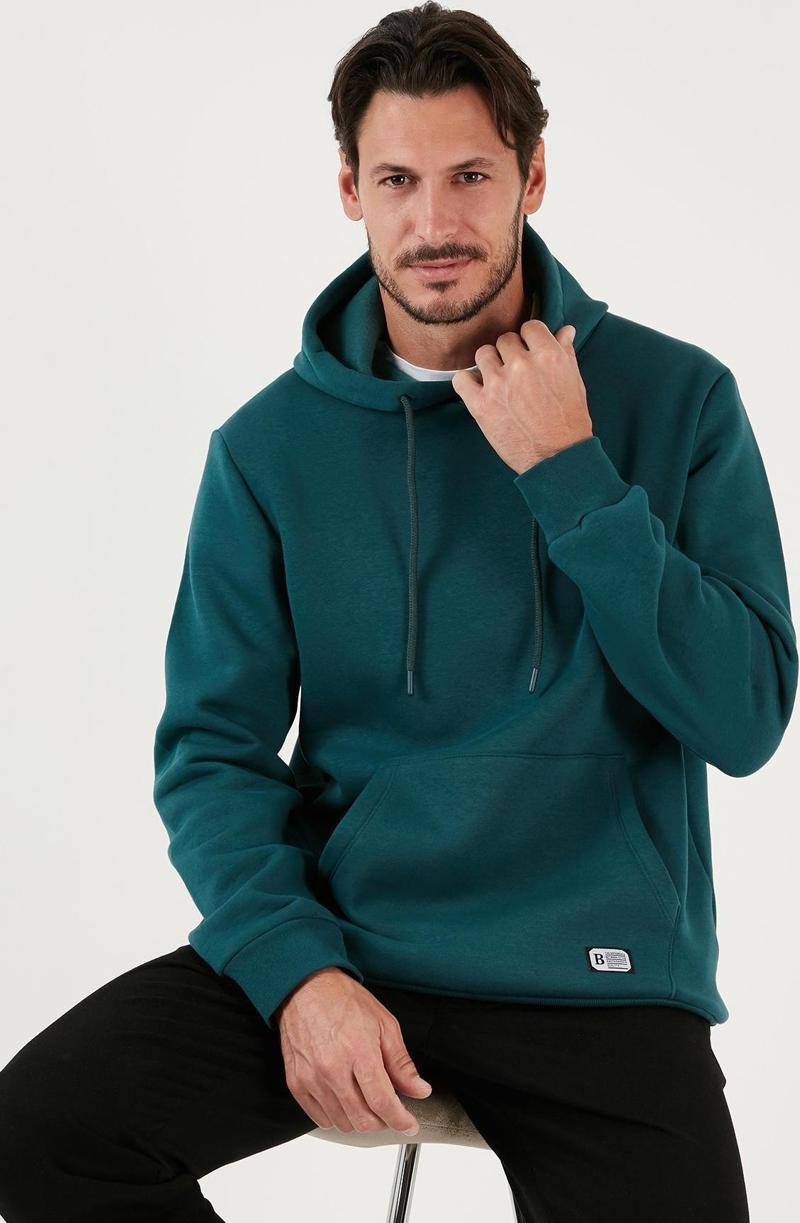 Slim Fit Kapüşonlu Kanguru Cepli İçi Tüylü Yumuşak Şardonlu Erkek Sweat 5905281 PETROL