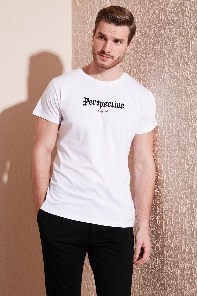 Pamuklu Slim Fit Bisiklet Yaka Erkek T Shirt 541PERSPECTIVE BEYAZ