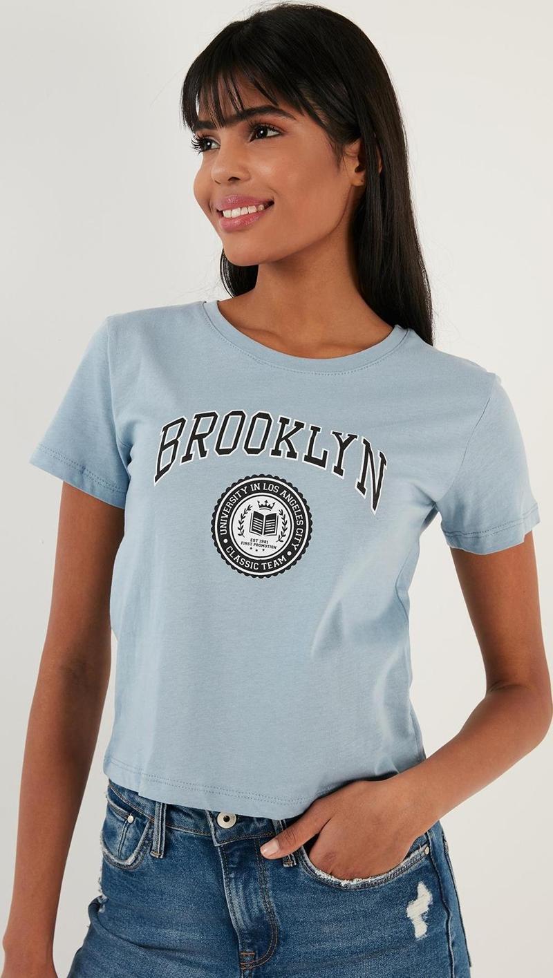 Brooklyn Baskılı Bisiklet Yaka Dar Kesim Bayan T Shirt 5864581 BEBE MAVİ