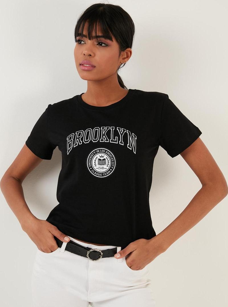 Brooklyn Baskılı Bisiklet Yaka Dar Kesim Bayan T Shirt 5864581 SİYAH