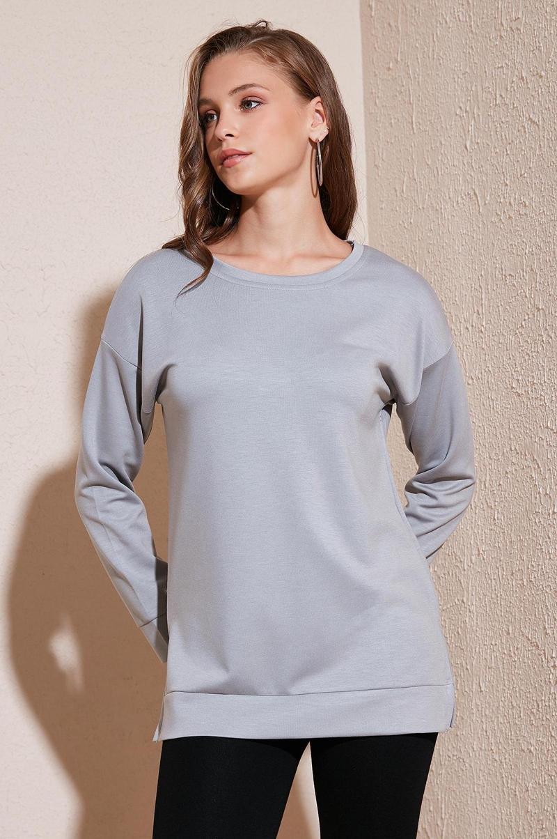 Streç Oversize Fit Bisiklet Yaka OYSHO Kumaş Bayan Sweat 5865877 GRİ