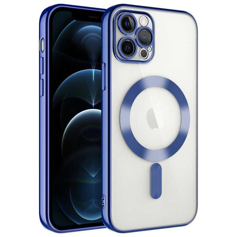 KZY İletişim Apple iPhone 11 Pro Max Mag Safe Özellikli Lens Korumalı Logo Gösteren Şeffaf Silikon Kılıf - Mavi