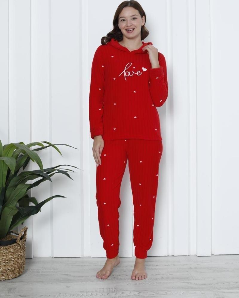 Fawn 3901 Peluş Welsoft Polar Kışlık Kapşonlu Love Kadın Pijama Takımı