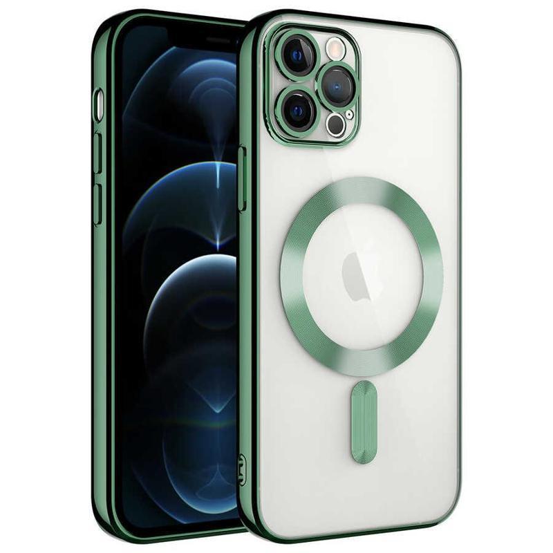 KZY İletişim Apple iPhone 11 Pro Max Mag Safe Özellikli Lens Korumalı Logo Gösteren Şeffaf Silikon Kılıf -Yeşil