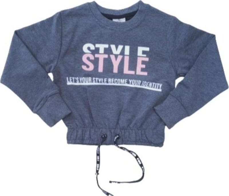 Kız Çocuk Önü Style Yazı Desenli Beli Bağlamalı Füme Renk Sweatshirt