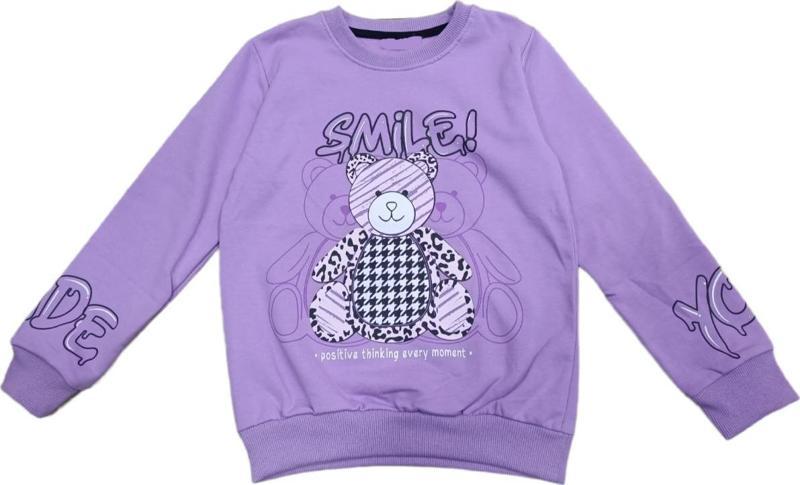 Kız Çocuk Smile Yazılı Ayıcık Desenli Kolları Yazılı Lila Renk Şardonlu Sweatshirt