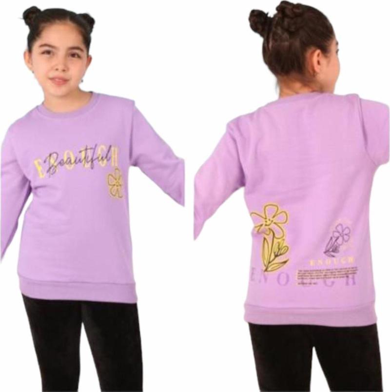 Kız Çocuk Enough Önü Yazı Desenli Sırtı Çiçek Desenli Şardonlu Lila Renk Sweatshirt